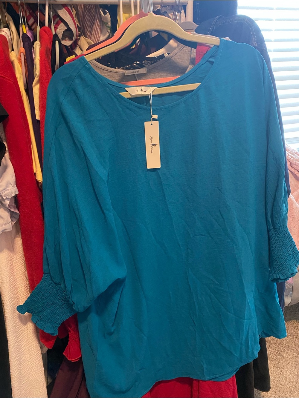Lightweight Teal Blue Tunic with Smocked 3/4 Sleeves